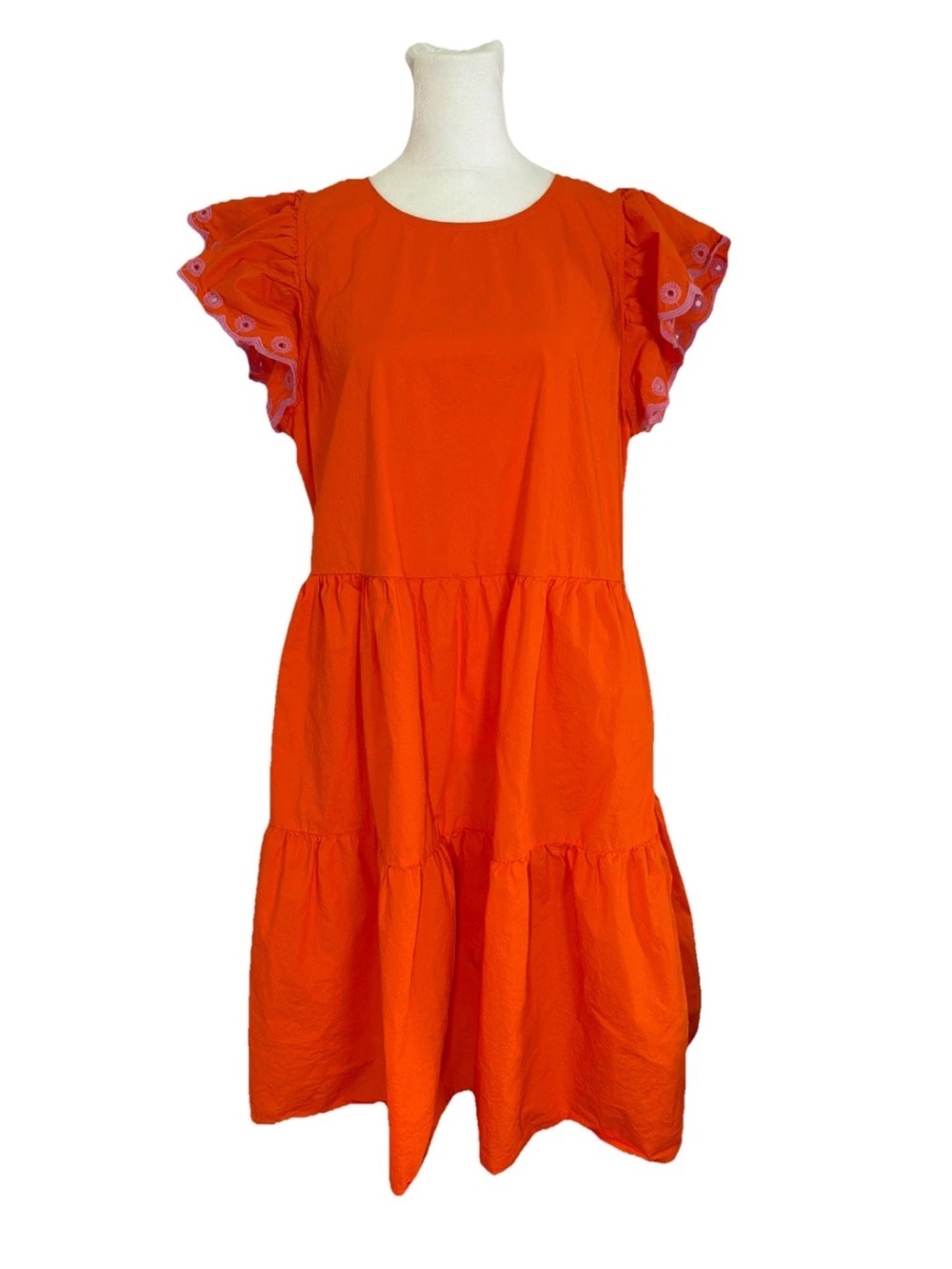 J.Crew Tiered Embroidered Ruffle Sleeve 100% Cotton Orange Mini Dress Large